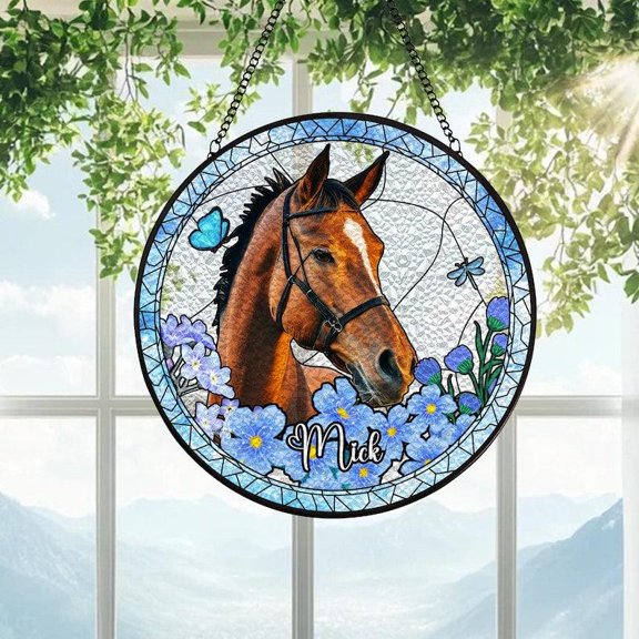 Custom Horse Stained Glass Suncatcher Window Hanging Personalized Horse Loss Memorial Gift Horse Lover Portrait From Photo