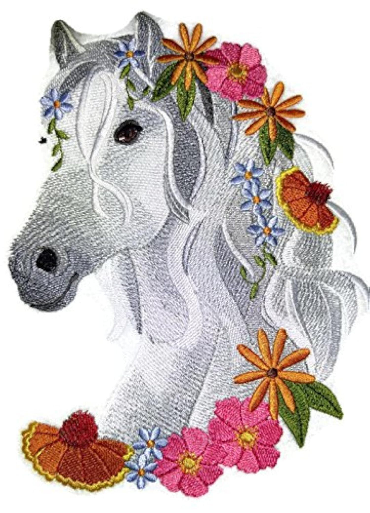 Custom Horse in Wildflowers Embroidery Iron On/Sew patch [7.8" x 5.86"]