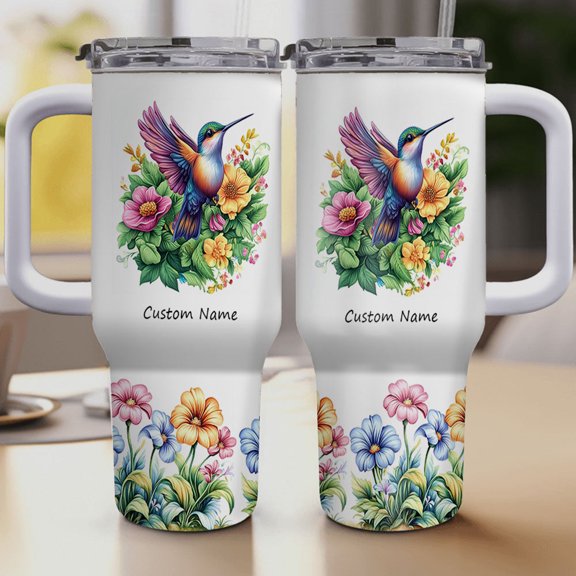 Custom Hummingbird Lover Tumbler 40oz with Lid, Handle and Straw - Stainless Travel Mug for Women or Girls - Animal Themed Personalized Gift for Christmas Birthday
