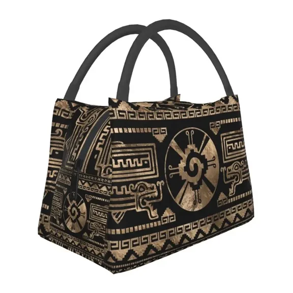 Custom Hunab Ku Mayan Symbol Leather Texture Lunch Bags Women Thermal Cooler Insulated Lunch Box for Office Travel