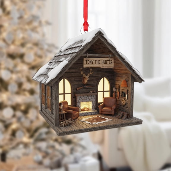Custom Hunter Cabin Ornament – Personalized Name Acrylic Lodge Design – Rustic Décor