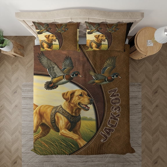 Custom Hunting Dog Bedding Set – Duck Hunting Duvet Cover and Pillowcases – Rustic Country Style Bed Set with Retriever Design