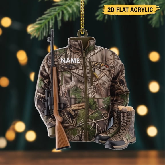 Custom Hunting Gear Ornament with Name, 2D Flat Acrylic Camo Jacket Tree Decor, Personalized Christmas Gift for Hunters & Outdoorsmen