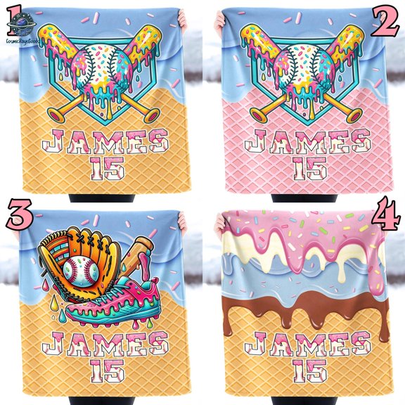 Custom Ice Cream Drip Baseball Flannel Blanket, Multiple Design Options, Custom Name, Gift for Birthday / Baseball Player