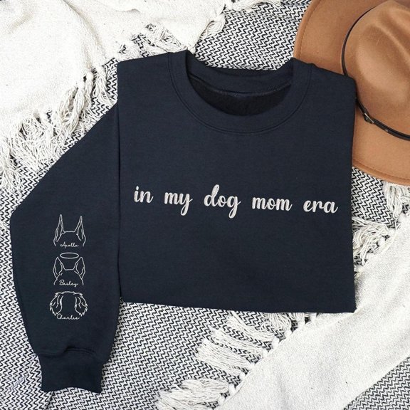 Custom In My Dog Mom Era Embroidered Ear Outline with Pets Names On Sleeve, Sweatshirt