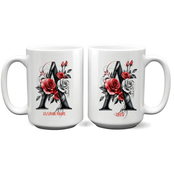 Custom Initial A Coffee Mug for Women, Personalized Monogrammed 11oz 15oz Ceramic Cup, Stylish Letter Gift for Mom, Aunt, Sister, Office or Home