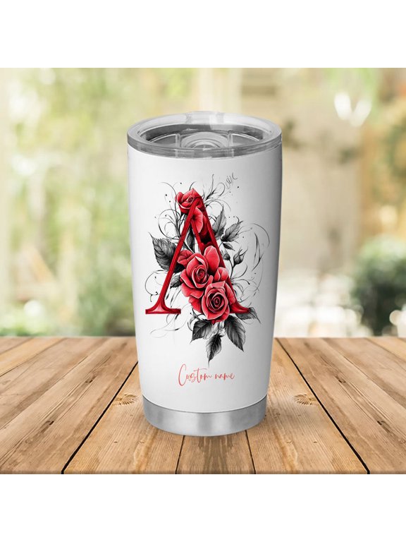 Custom Initial 'A' Floral Tumbler 20oz, Insulated Coffee Mug with Lid, Stainless Steel Drinkware, Unique Birthday Party Favors for Mom, Sisters, Bridesmaids, Best Friends