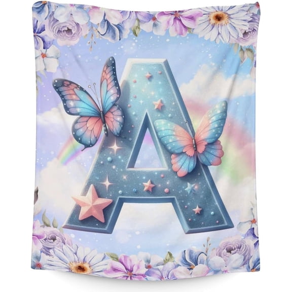 Custom Initial Blanket for Girls with Name, Butterfly Blanket 40 x 30 Inches Monogram Blanket for Kids, Lightweight Flannel Throw Blanket, Soft Throws for Bed, Couch Sofa Office