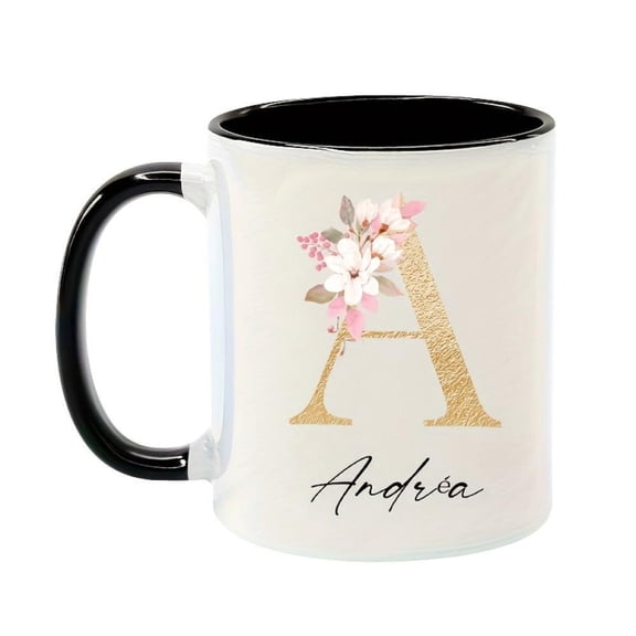 Custom Initial Floral Ceramic Coffee Mug White with Golden Lettering Pink Flowers Camping Travel Essential Personalized Christmas Elegant Home Decor C