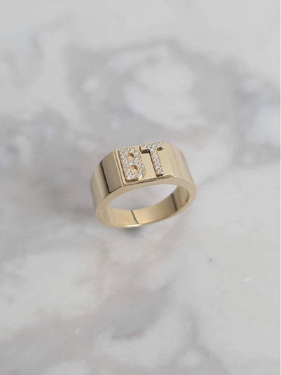 Custom Initial Monogram Diamond Signet Ring, 14K Gold Plated 925 Sterling Silver Micro Pavé Letter Ring, Personalised Pinky Statement Jewelry Gift for Her