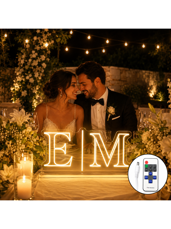 Custom Initial Neon Sign with Remote Dimmer, Personalized LED Monogram Light for Sweetheart Table, Wedding Reception Decor, Engagement & Anniversary Gift