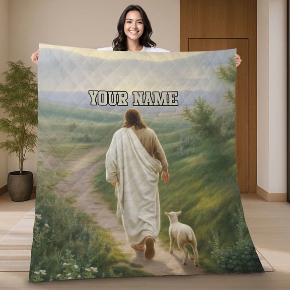 Custom Jesus And Lamb Walking Quilt Blanket – Christian Quilt Gift, Religious Home Décor, Personalized Faith-Inspired Blanket