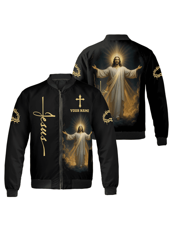 Custom Jesus Bomber Jacket Christian Faith Cross Religious Jacket for Men Women Believer Gift Inspirational Christian Apparel Outerwear