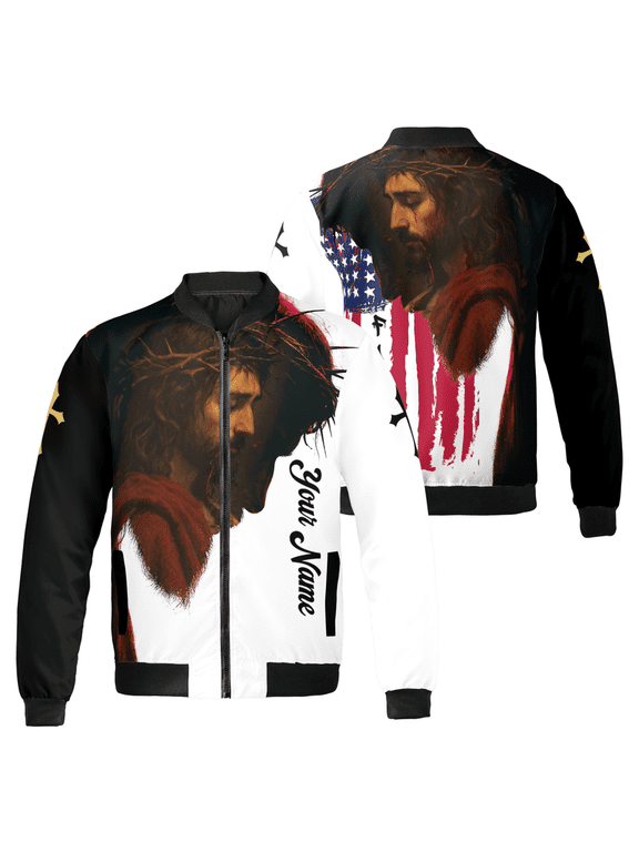 Custom Jesus Bomber Jacket with American Flag – Personalized Christian Faith Apparel for Men and Women