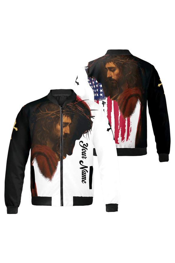 Custom Jesus Bomber Jacket with American Flag – Personalized Christian Faith Apparel for Men and Women