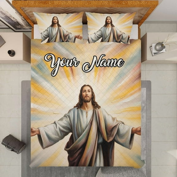 Custom Jesus Christ Quilt Bedding Set- Personalized Name Christian Faith Based Quilt Blanket & Pillowcases