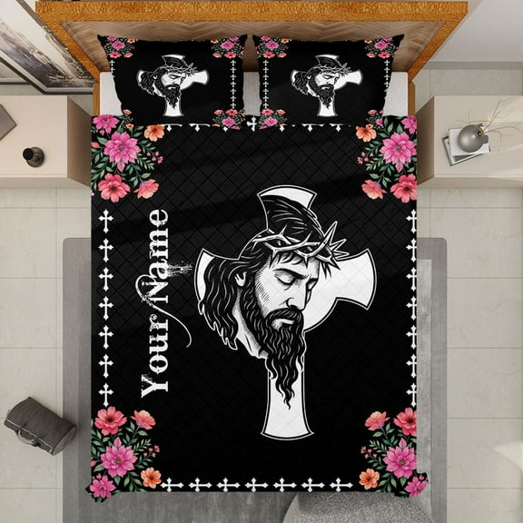 Custom Jesus Cross Quilt Bedding Set – Personalized Christian Quilt Blanket & Pillowcases Floral Design, Religious Quilt Bed Set with Your Name, Faith-Based Home Decor Gift