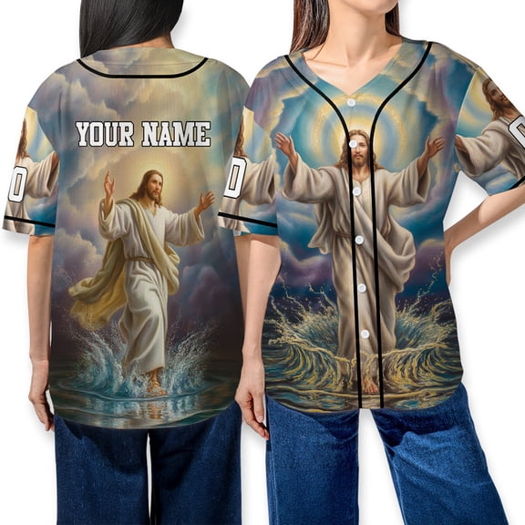 Custom Jesus Walking On Water Baseball Jersey – Personalized Christian Baseball Shirt with Name & Number – Religious Faith Apparel