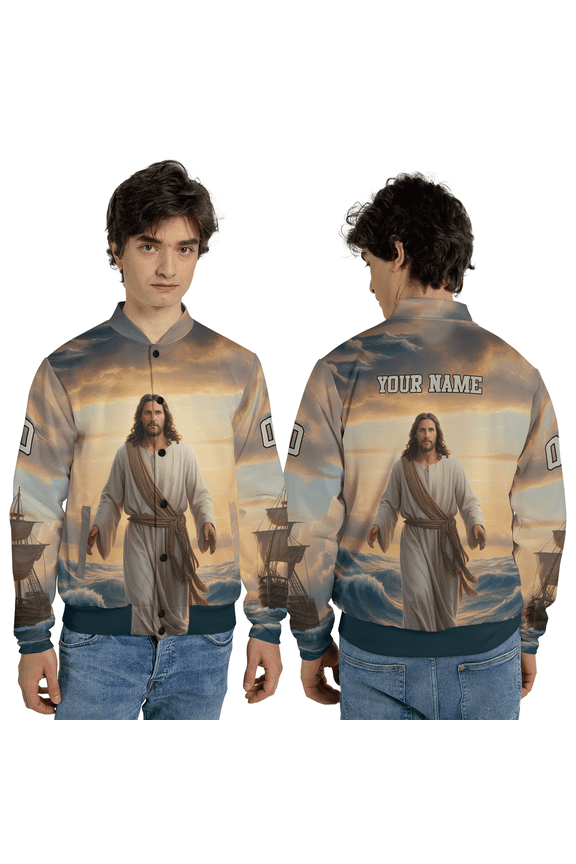 Custom Jesus Walking on Water Baseball Jacket – Christian Faith Graphic Baseball Jacket, Personalized Spiritual Unisex Outerwear