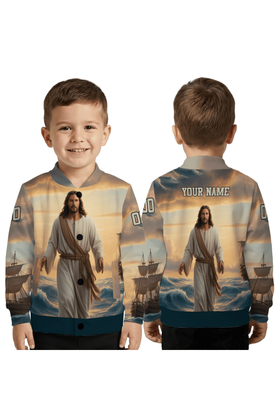 Custom Jesus Walking on Water Jacket – Christian Faith Graphic Baseball Jacket, Personalized Spiritual Unisex Outerwear