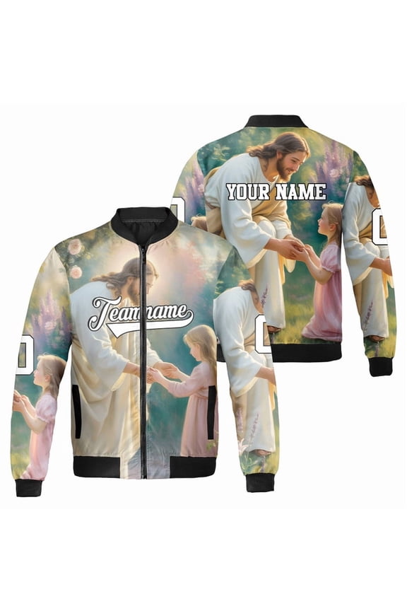 Custom Jesus and Little Girl Bomber Jacket – Personalized He Walks With Me Religious Gift For Family, Customizable Sports Jacket