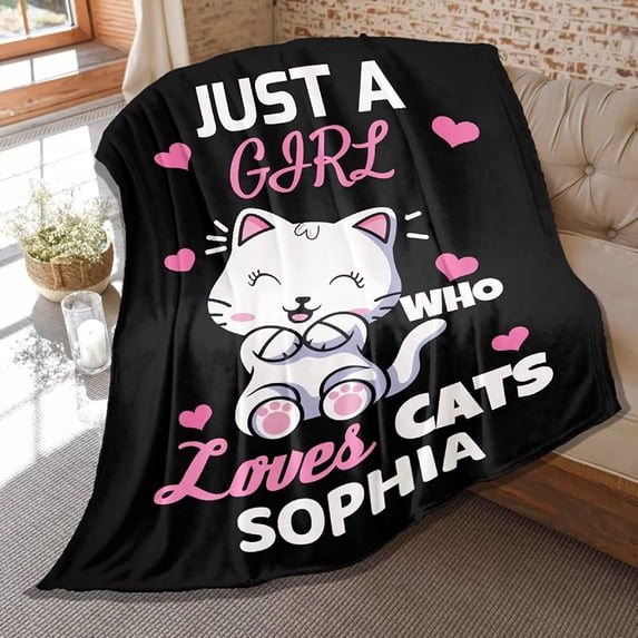 Custom Just Girl Loves Cats Blanket Personalized Throw Blankets Add Your Own Name Customized Flannel Throws for Men Women Gift 60 in x 80 in Large for Adults
