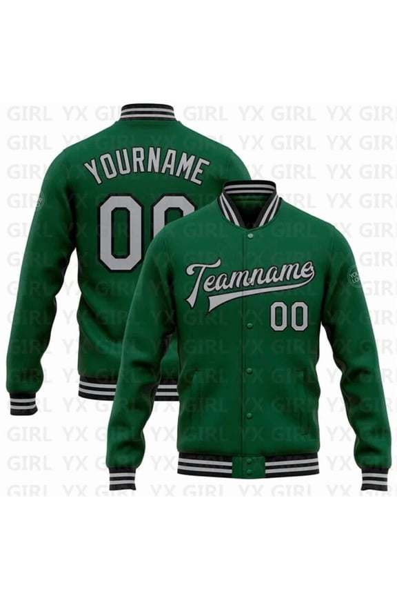 Custom Kelly Green Gray-Black Bomber Full-Snap Varsity Letterman Jacket 3D Printed Basebal