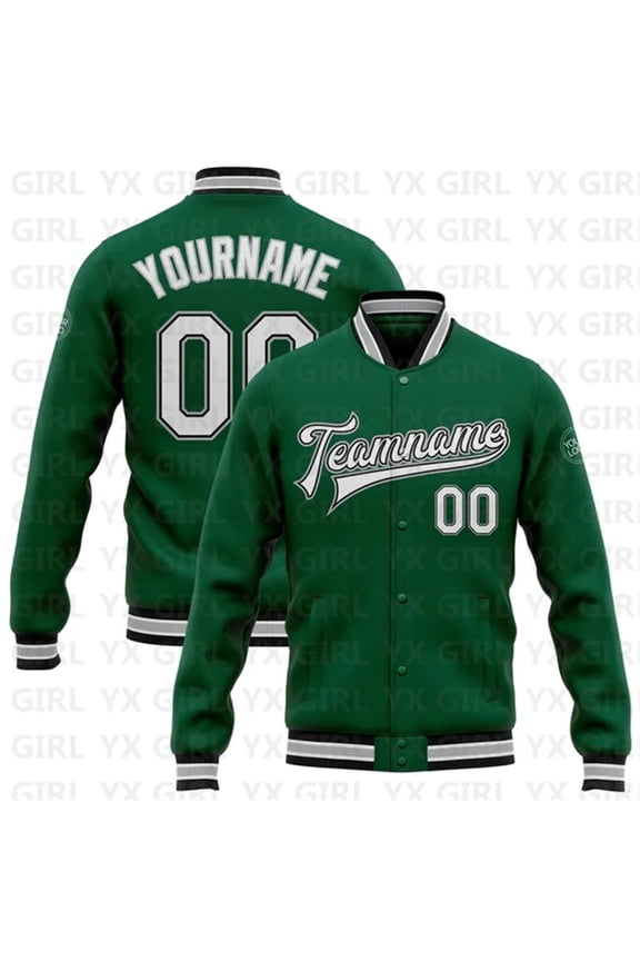 Custom Kelly Green White Black-Gray Bomber Full-Snap Varsity Letterman Jacket 3D Printed B