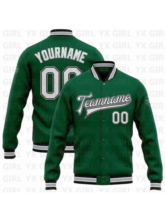 Custom Kelly Green White Black-Gray Bomber Full-Snap Varsity Letterman Jacket 3D Printed B