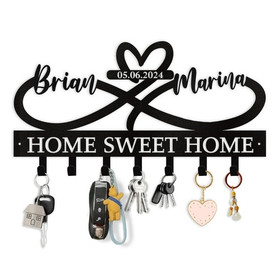 Custom Key Holder for Wall with Couple's Name | Personalized Metal Infinity Heart Key Rack Wall Mount | Key Organizer Rack with Hooks | Love Shape Housewarming Gifts | Wall Metal Decor for Entryway