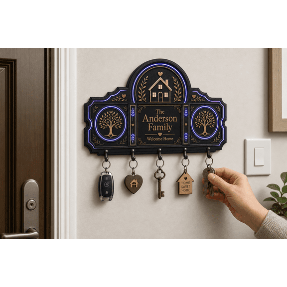 Custom Key Holder Wooden Key Hanger with Family Name Sign for Entryway Gift