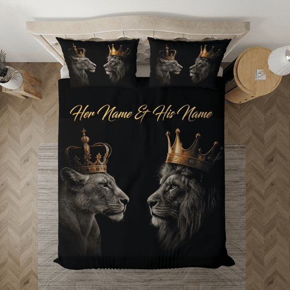 Custom King and Queen Lion Couple Bedding Set – Personalized Romantic Bedding Gift For His and Her