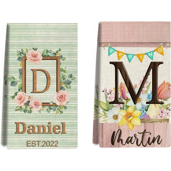 Custom Kitchen Towel,Green Flower Personalized Dish Towels Tea Towel | Family Name Hand Towel | Kitchen Decor | Housewarming Gift Monogram Dishcloth Wedding Gift (Floral 7)