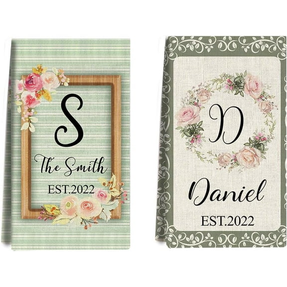 Custom Kitchen Towel, Green Wreath Personalized Dish Towels Tea Towel | Family Name Hand Towel | Kitchen Decor | Housewarming Gift Monogram Dishcloth Wedding Gift (Floral 10)