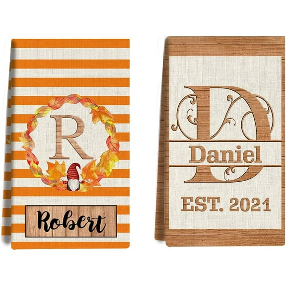 Custom Kitchen Towel, Orange Wreath Personalized Dish Towels Tea Towel | Family Name Hand Towel | Kitchen Decor | Housewarming Gift Monogram Dishcloth Wedding Gift (Floral 8)