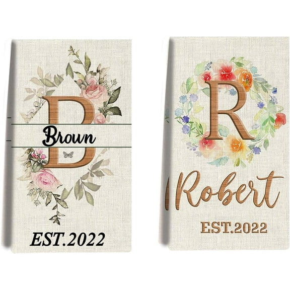 Custom Kitchen Towel, Pink Floral Wreath Personalized Dish Towels Tea Towel | Family Name Hand Towel | Kitchen Decor | Housewarming Gift Monogram Dishcloth Wedding Gift (Floral 3)