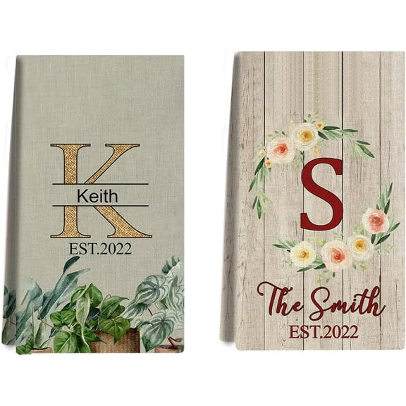 Custom Kitchen Towel, Spring Leaves Personalized Dish Towels Tea Towel | Family Name Hand Towel | Kitchen Decor | Housewarming Gift Monogram Dishcloth Wedding Gift (Floral 15)