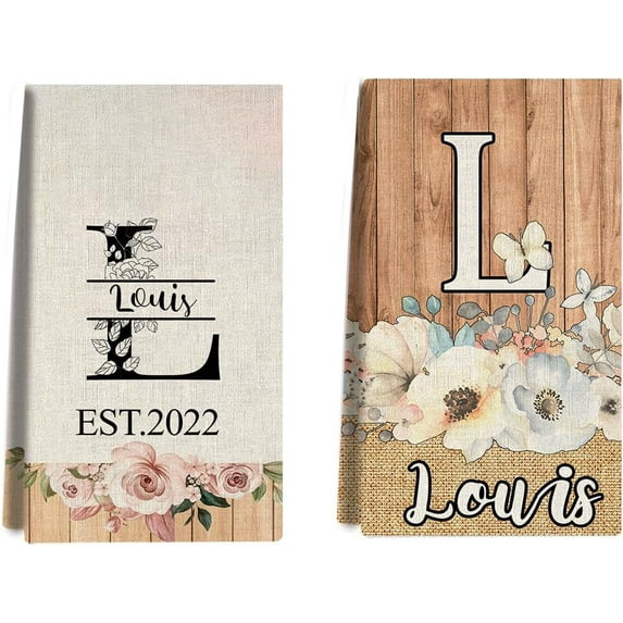 Custom Kitchen Towel, Vintage Wood Personalized Dish Towels Tea Towel | Family Name Hand Towel | Kitchen Decor | Housewarming Gift Monogram Dishcloth Wedding Gift (Floral 5)