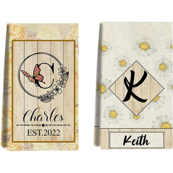 Custom Kitchen Towel, Yellow Flower Personalized Dish Towels Tea Towel | Family Name Hand Towel | Kitchen Decor | Housewarming Gift Monogram Dishcloth Wedding Gift (Floral 14)