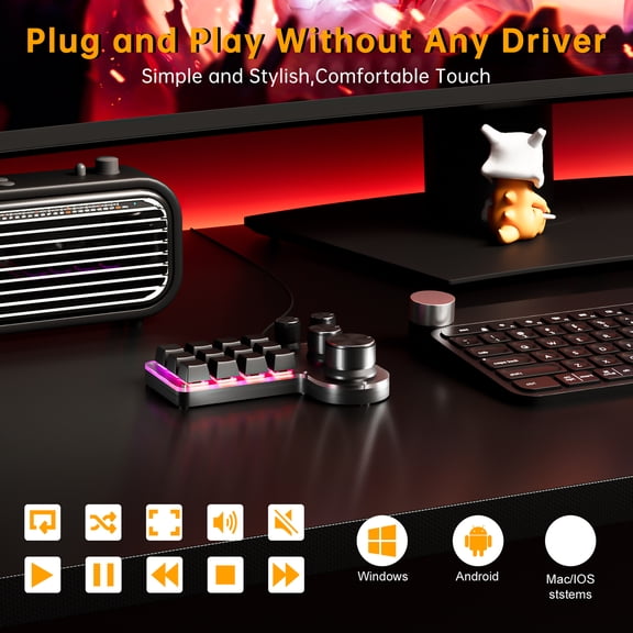 Custom Knob KeyPad Programmable Macro Keyboard 12 Keys 4 Knob Custom Gaming Keypad USB Wired Dual Mode Shortcut Keypad Multimedia Control for PC Programmers Black White ABS