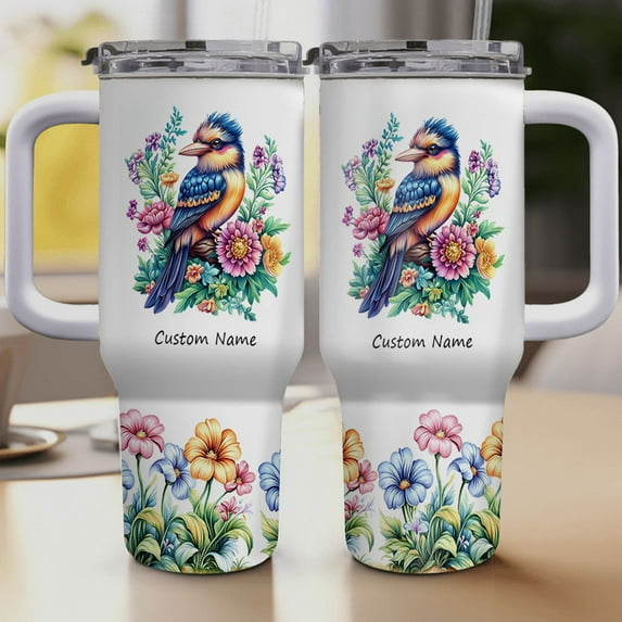 Custom Kookaburra Bird 40oz Tumbler with Handle and Straw – Personalized Travel Mug for Birdwatchers – Animal Lover Gift for Women Girls Birthday Christmas Nature Theme