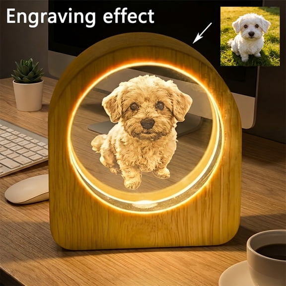 Custom LED Crystal Photo with Wooden Base, Custom Engraved Portrait, Name & Date, Personalized Keepsake for Family, Couples, Pets, Birthday, Anniversary & Mother’s Day Gifts