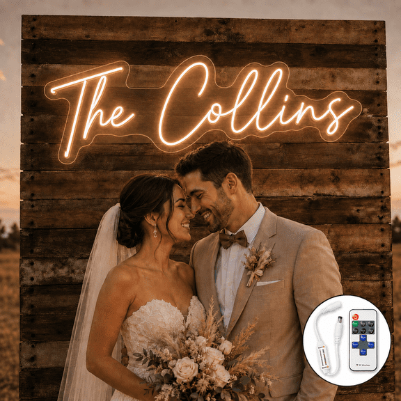 Custom LED Wedding Name Sign with Remote Dimmer, Personalized Family Last Name Neon Light for Rustic Reception Wall, Wedding Party Decor & Newlywed Gift