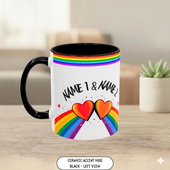 Custom LGBTQ Pride Mug, Personalized Rainbow Hearts Ceramic Cup