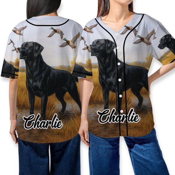 Custom Labrador Retriever Baseball Jersey – Black Lab Duck Hunting Scene Shirt, Personalized Dog Name Gift for Hunters & Pet Lovers