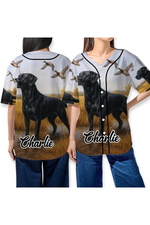 Custom Labrador Retriever Baseball Jersey – Black Lab Duck Hunting Scene Shirt, Personalized Dog Name Gift for Hunters & Pet Lovers