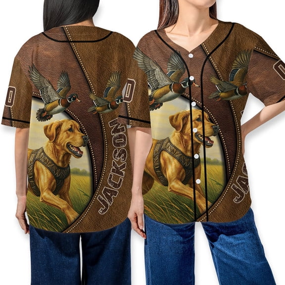 Custom Labrador Retriever Dog Hunting Duck Baseball Jersey – Personalized Leather Texture Mallard Print - Gift For Dog Lovers, Hunters, Hunting Season Baseball Shirt