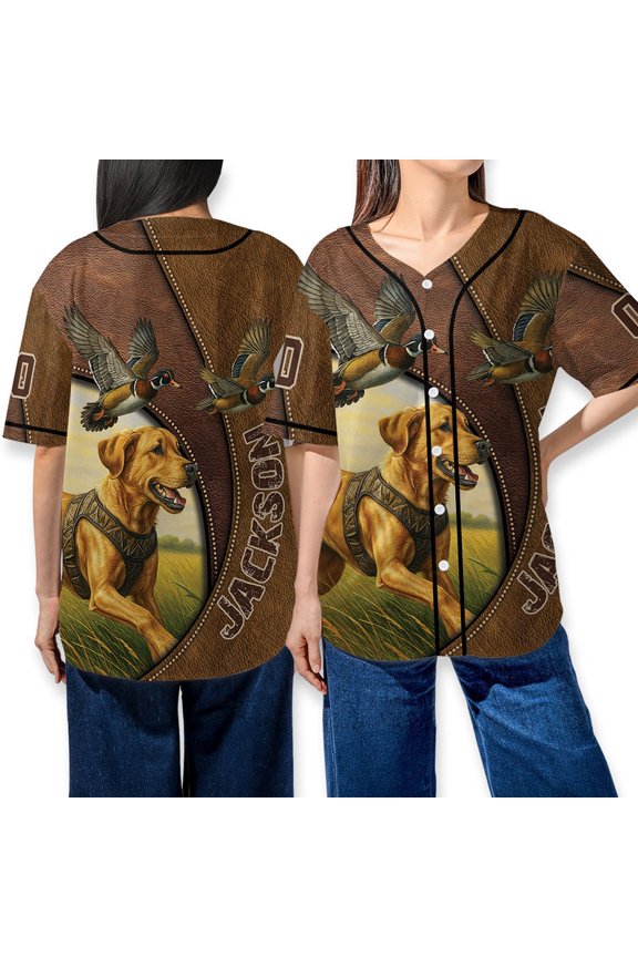 Custom Labrador Retriever Dog Hunting Duck Baseball Jersey – Personalized Leather Texture Mallard Print - Gift For Dog Lovers, Hunters, Hunting Season Baseball Shirt
