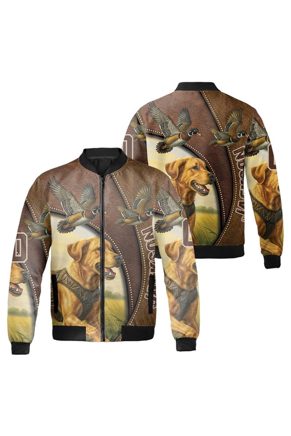 Custom Labrador Retriever Dog Hunting Duck Bomber Jacket – Personalized Leather Texture Mallard Print Coat - Gift For Dog Lovers, Hunters, Hunting Season Outerwear