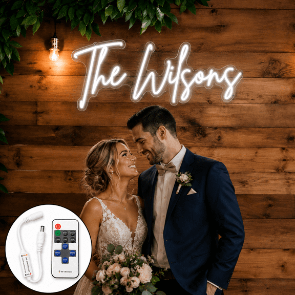 Custom Last Name Neon Sign with Remote Control, Personalized LED Wedding Light for Rustic Wood Wall, Reception Backdrop, Home Decor & Couple Gift